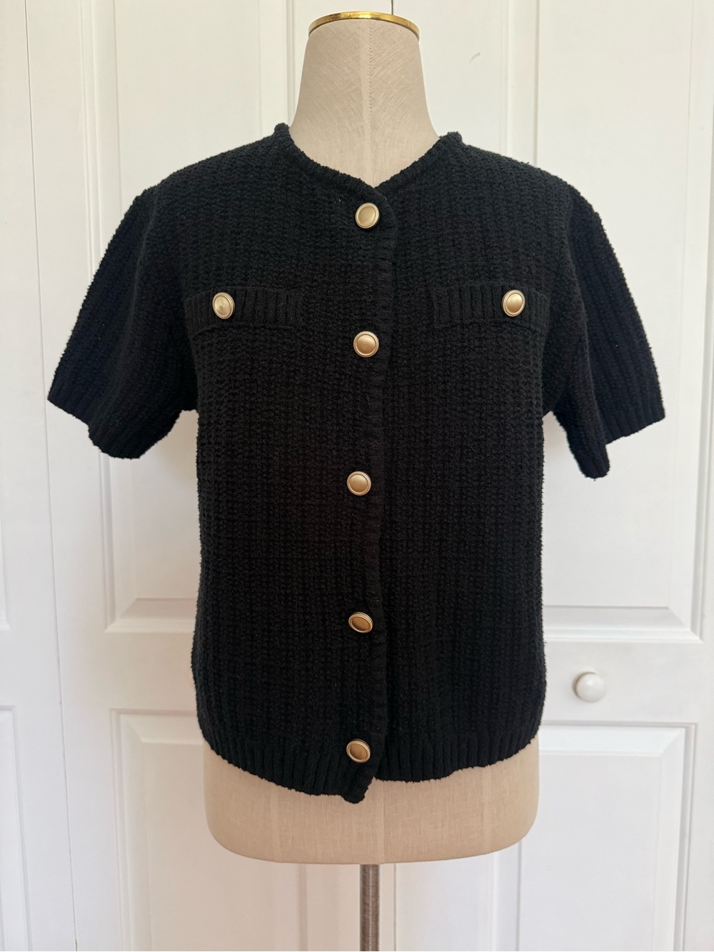 a new day Black Short-Sleeve Knit Cardigan with Gold Buttons